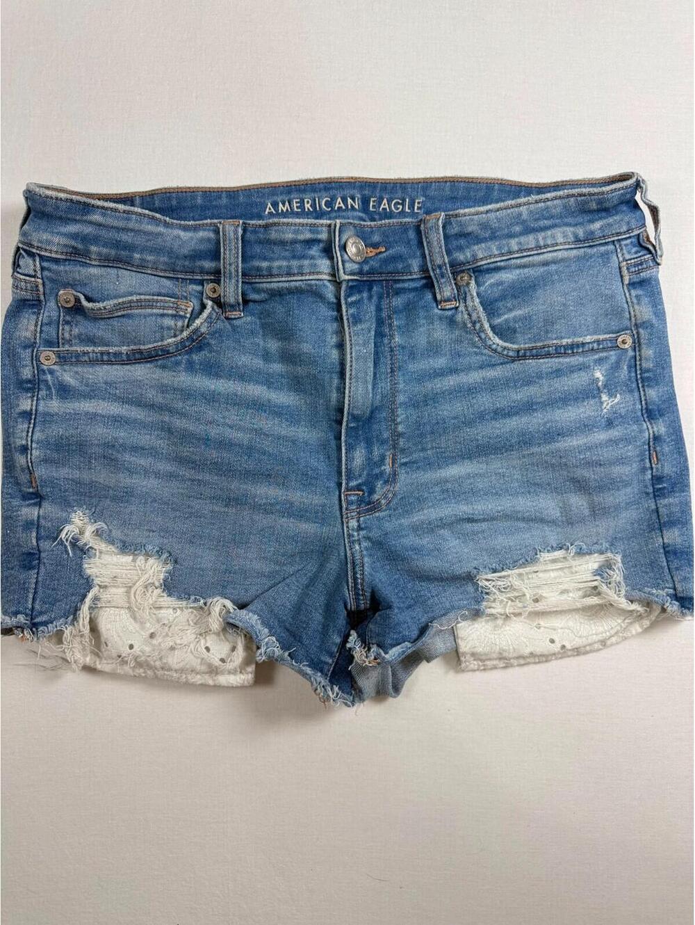 American Eagle Hi-Rise Shortie Light Wash Distressed Denim Shorts Lace Detail